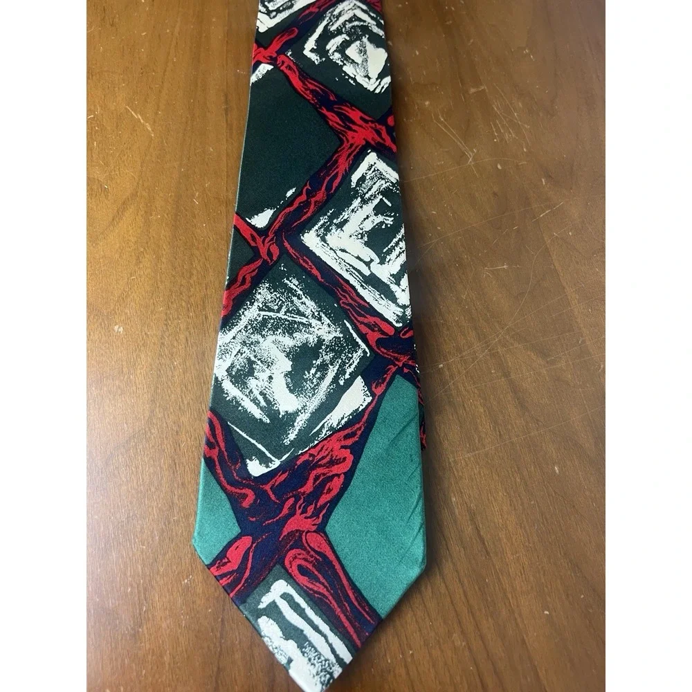 Sinsabang Silk Tie Vintage Abstract Print Holiday Christmas Red‎ Green